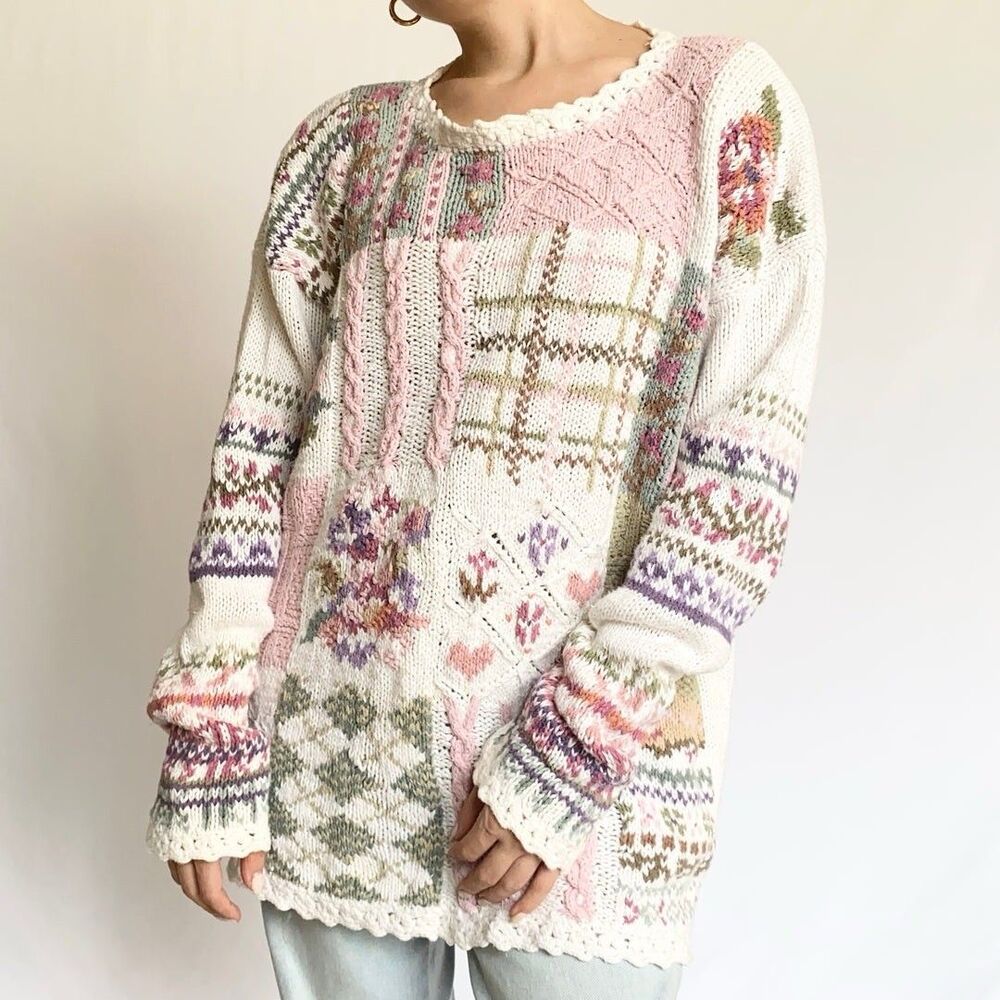 VTG Heirloom Collectibles Pastel Floral Patchwork Embroidery Scallop Sweater M